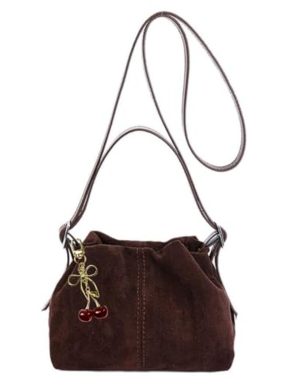 Faux Suede PU Trim Mini Bucket Bag Crossbody Shoulder Handbag with Cherry Charm